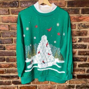 Nutcracker Christmas Holiday Vintage Green Cardinals Lace Sweatshirt Size 2X